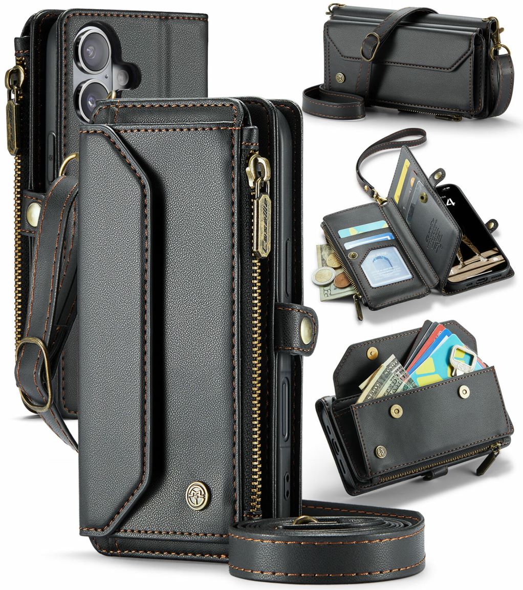 New RFID Blocking Zipper Wallet Supports Wireless Charging with Long and Short Lanyard Leather Phone Case for iPhone