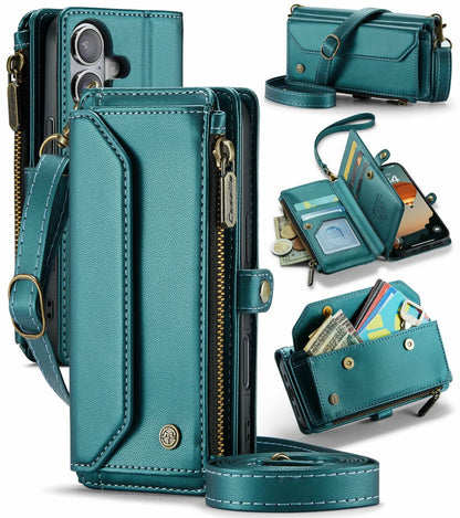 New RFID Blocking Zipper Wallet Supports Wireless Charging with Long and Short Lanyard Leather Phone Case for iPhone