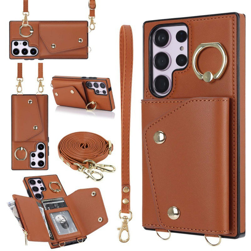 New Crossbody Zipper Wallet with Long and Short Lanyard Leather Card Holder Phone Case for Samsung