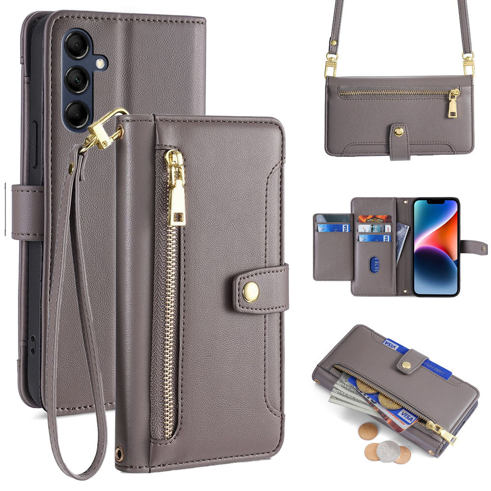 New Cross Body Zipper Wallet Leather Phone Case for Samsung Galaxy A15