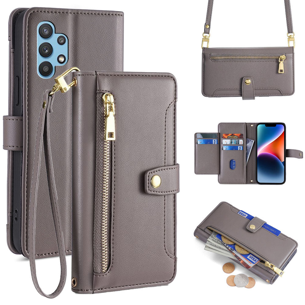 New Cross Body Zipper Wallet Leather Phone Case for Samsung Galaxy A