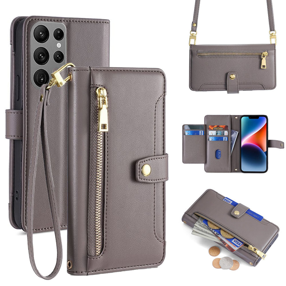 New Cross Body Zipper Wallet Leather Phone Case for Samsung Galaxy A