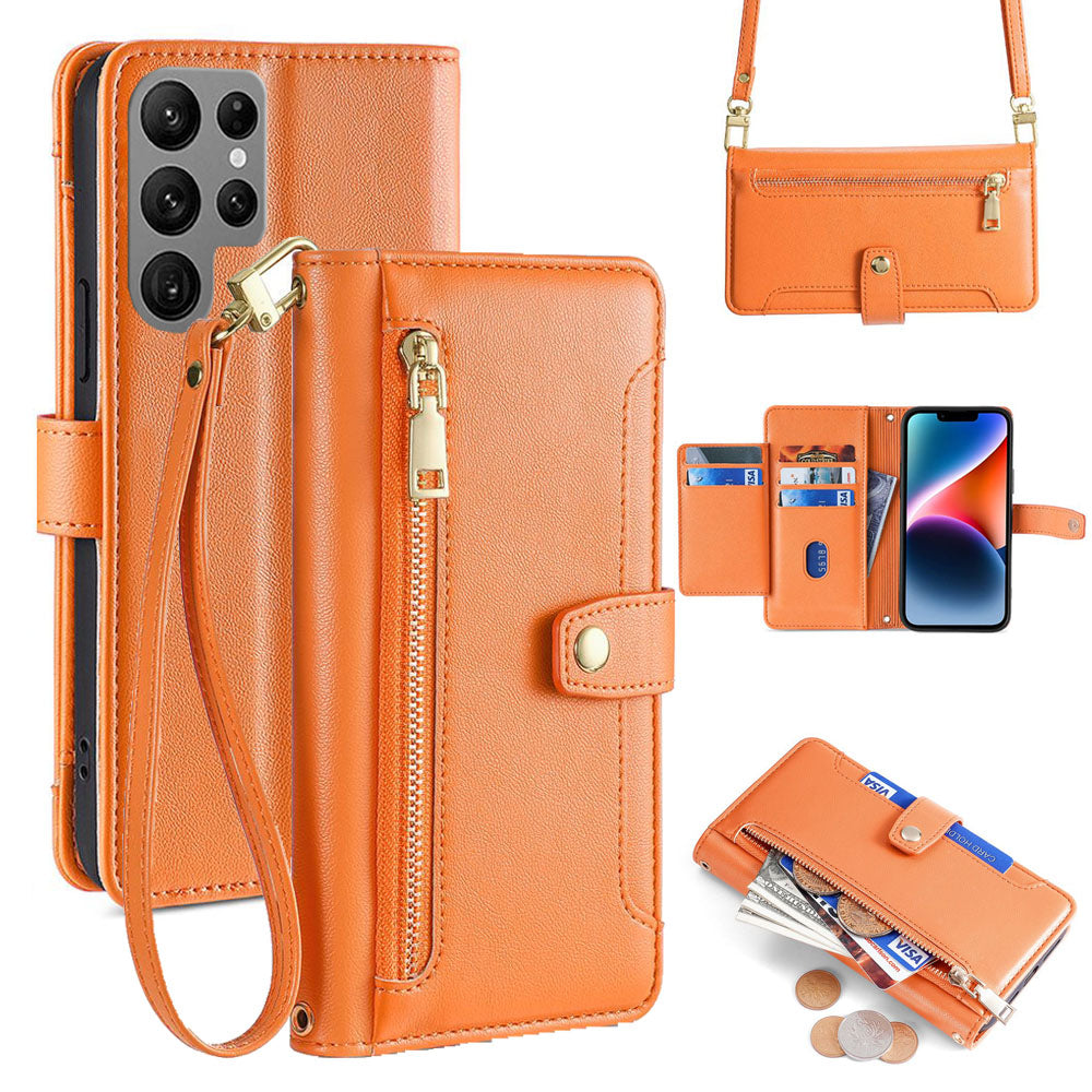 New Cross Body Zipper Wallet Leather Phone Case for Samsung Galaxy A