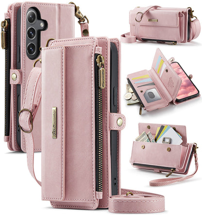 New RFID Blocking Zipper Wallet Supports Wireless Charging with Long and Short Lanyard Leather Phone Case for Samsung Galaxy A