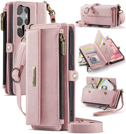 New RFID Blocking Zipper Wallet Supports Wireless Charging with Long and Short Lanyard Leather Phone Case for Samsung