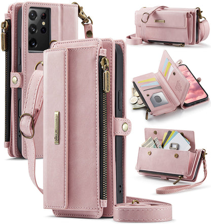 New RFID Blocking Zipper Wallet Supports Wireless Charging with Long and Short Lanyard Leather Phone Case for Samsung