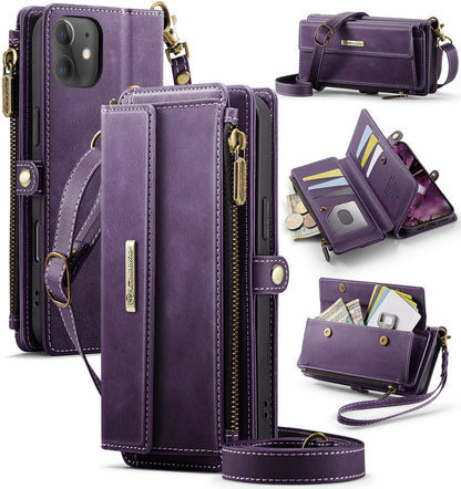 New RFID Blocking Zipper Wallet Supports Wireless Charging with Long and Short Lanyard Leather Phone Case for iPhone