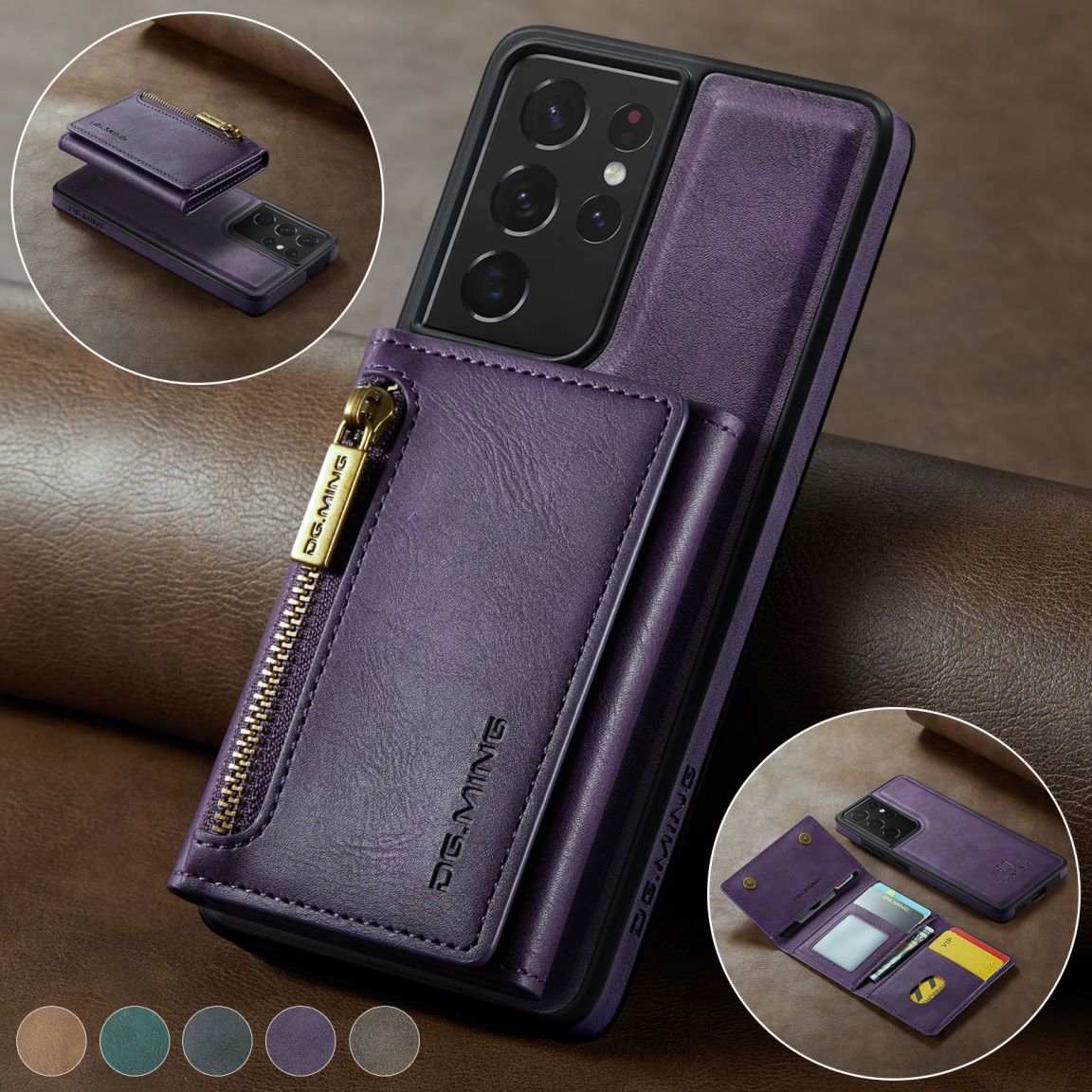 New 2-IN-1 RFID Blocking Zipper Wallet Supports Wireless Charging Leather Phone Case for Samsung