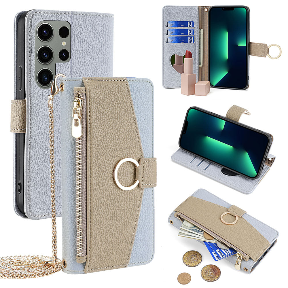 New PU Leather Wallet Case with Card Holder and Mini Mirror for Samsung