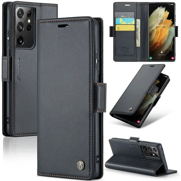 New PU Leather Wallet Case with RFID Blocking Card Holder and Magnetic Closure for Samsung