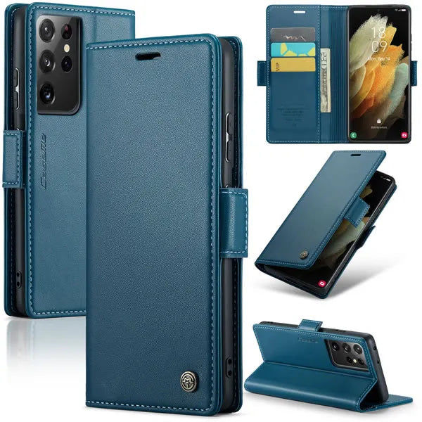 New PU Leather Wallet Case with RFID Blocking Card Holder and Magnetic Closure for Samsung