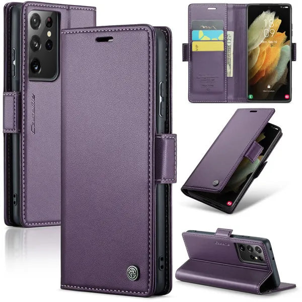 New PU Leather Wallet Case with RFID Blocking Card Holder and Magnetic Closure for Samsung