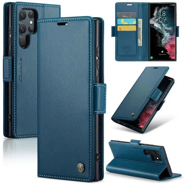 New PU Leather Wallet Case with RFID Blocking Card Holder and Magnetic Closure for Samsung