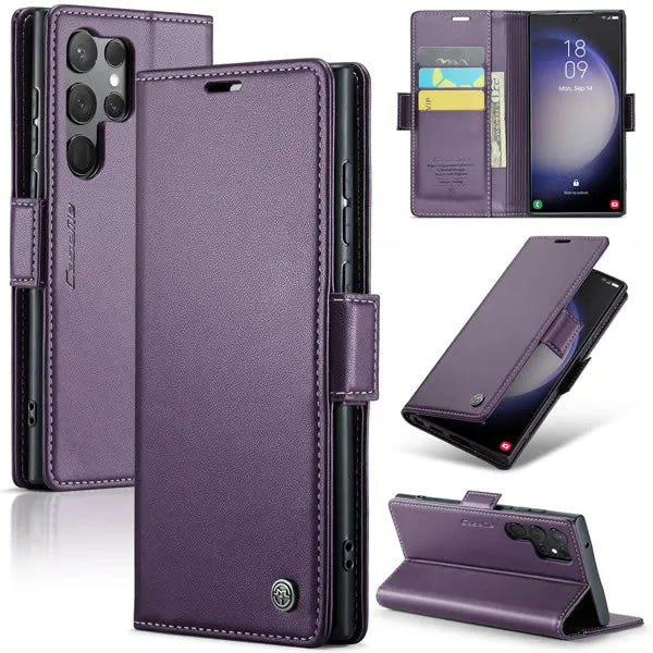 New PU Leather Wallet Case with RFID Blocking Card Holder and Magnetic Closure for Samsung