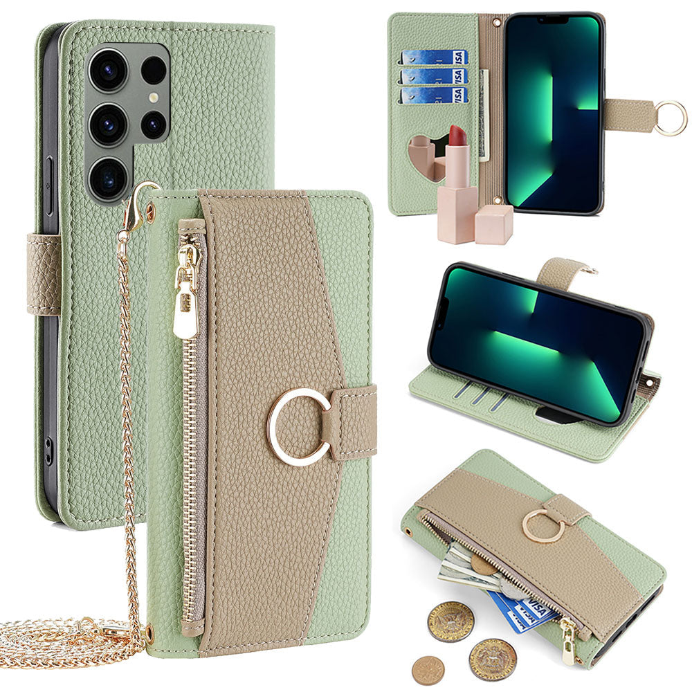 New PU Leather Wallet Case with Card Holder and Mini Mirror for Samsung