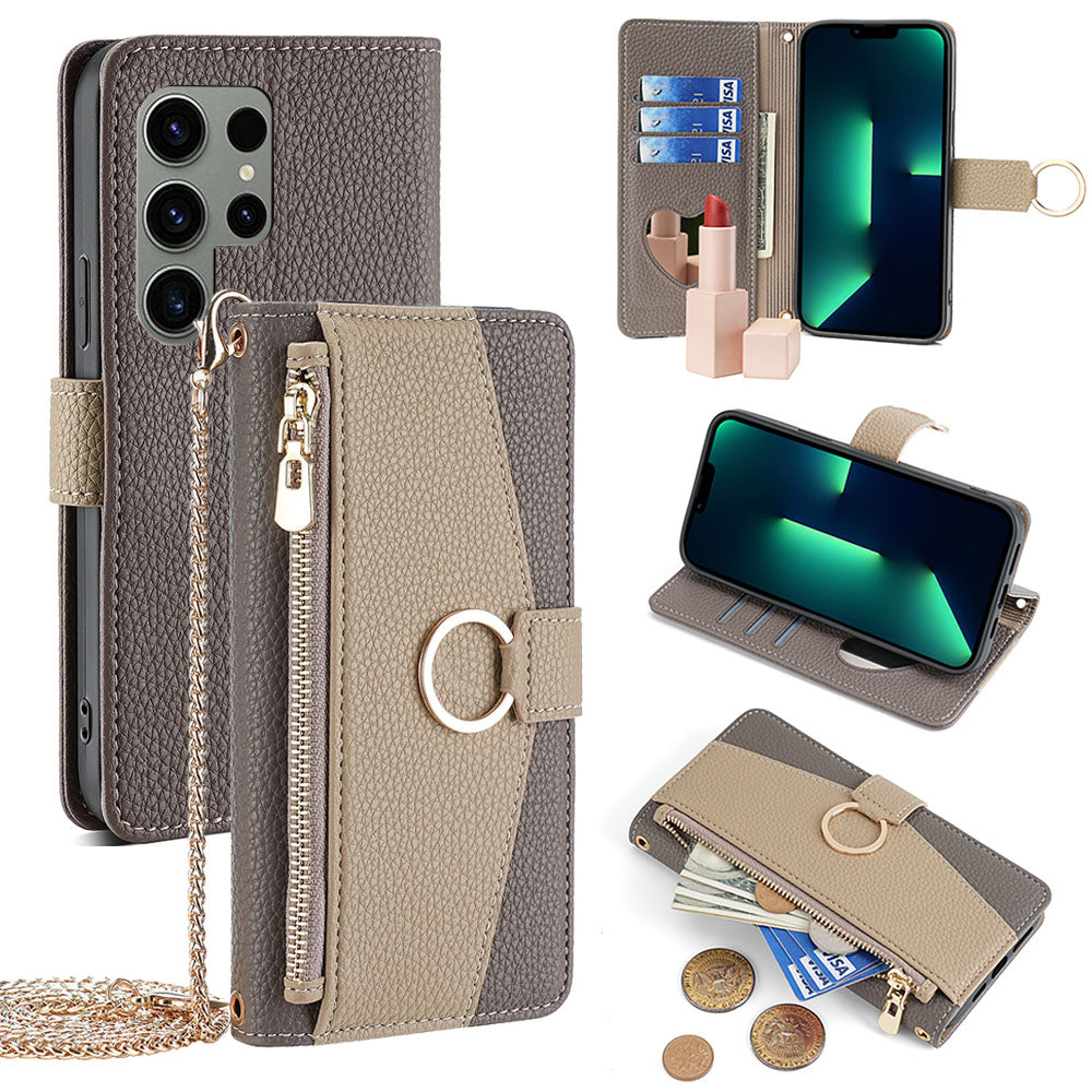 New PU Leather Wallet Case with Card Holder and Mini Mirror for Samsung