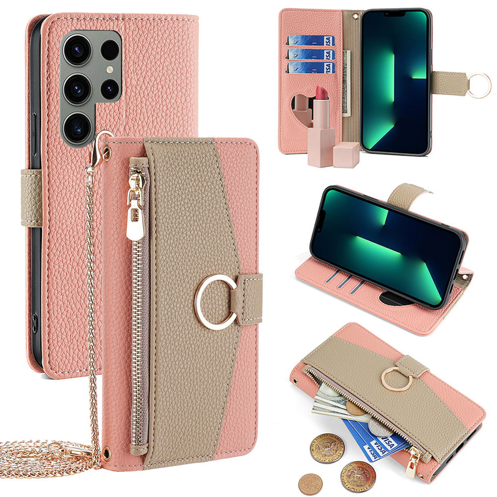 New PU Leather Wallet Case with Card Holder and Mini Mirror for Samsung