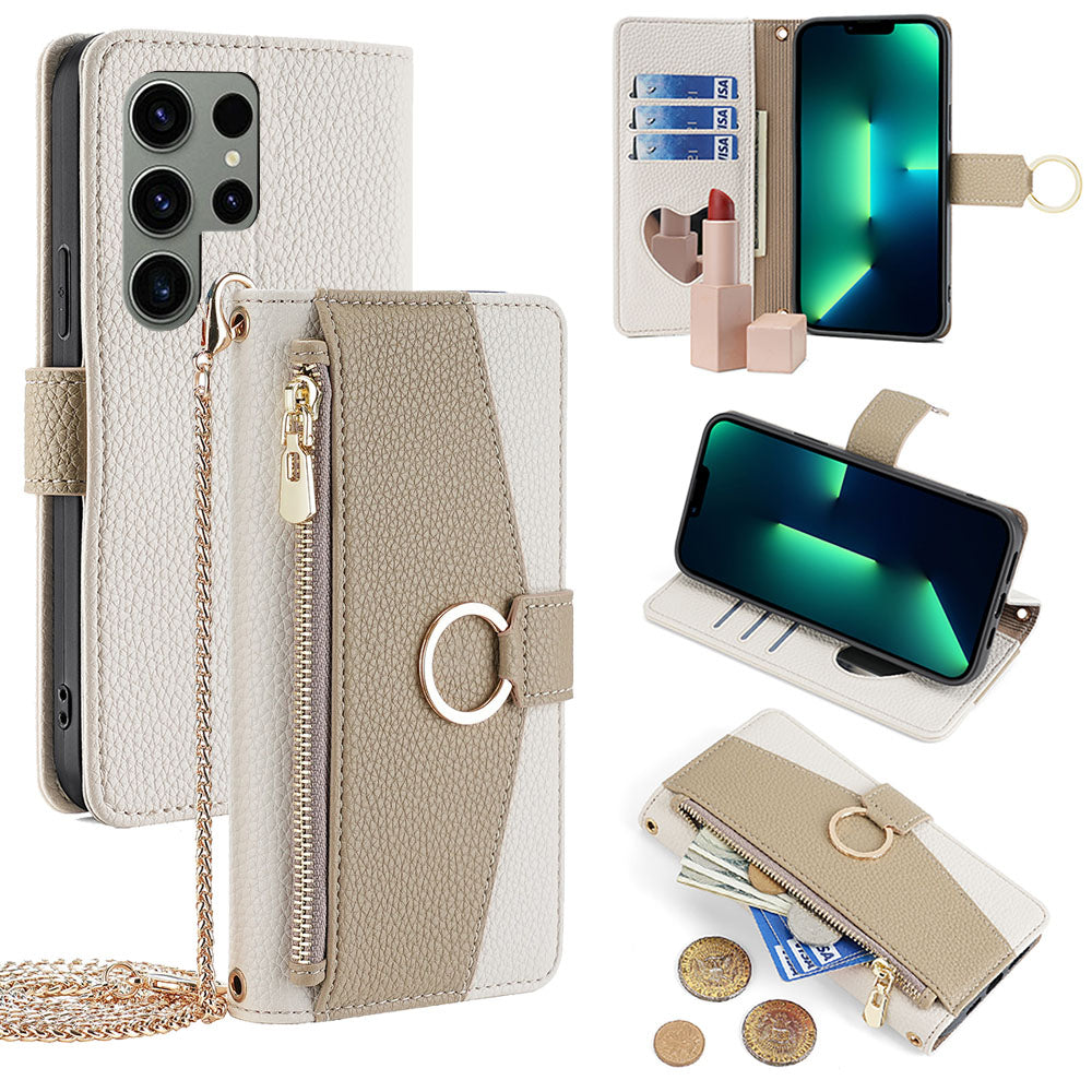 New PU Leather Wallet Case with Card Holder and Mini Mirror for Samsung